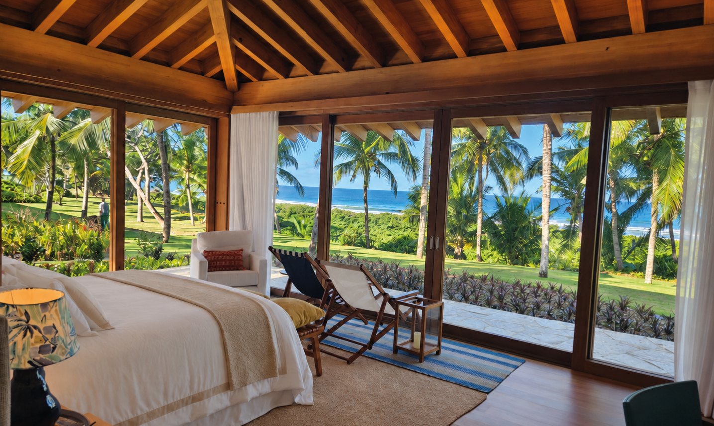 Bedroom opening to the palms and the sea