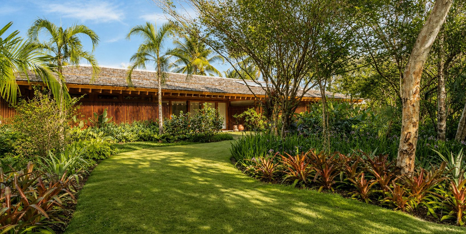 Timber house with shingle roof set in the garden